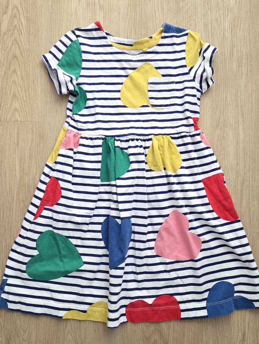 Mini Boden Navy Striped Dress with Multicolor Hearts Kids 7/8 Girls
